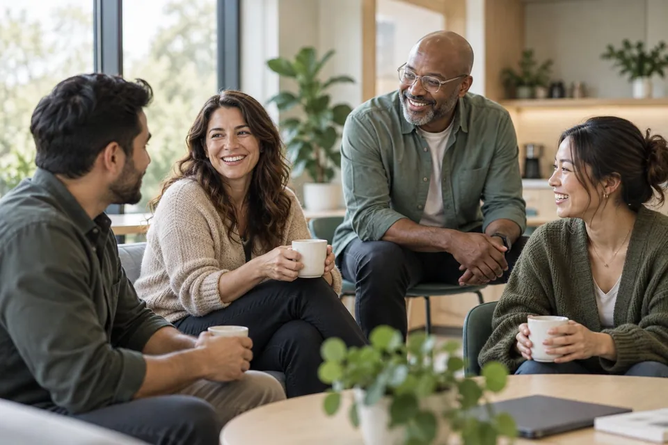 Coworkers of different ages and backgrounds chatting over coffee in an office lounge