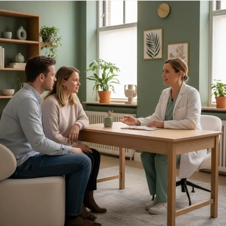 A couple talking with a clinician at a desk in a calm, plant-filled office