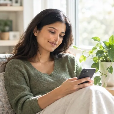 A woman relaxing at home, smiling as she uses her phone beside a houseplant
