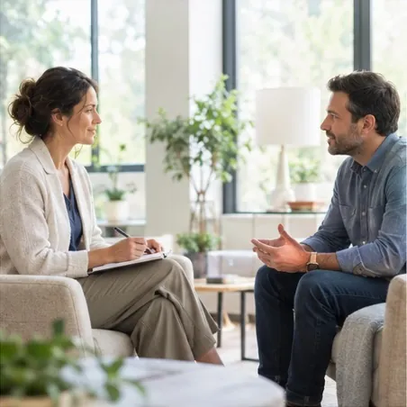A therapist taking notes as a man talks with her in a bright, plant-filled clinic room