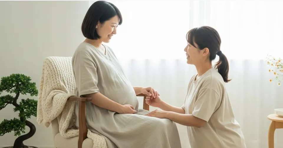 A pregnant woman smiling with a caregiver who holds her hand in a bright room