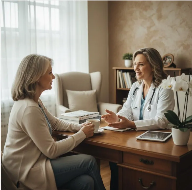 A midlife woman talking with a smiling clinician across a desk