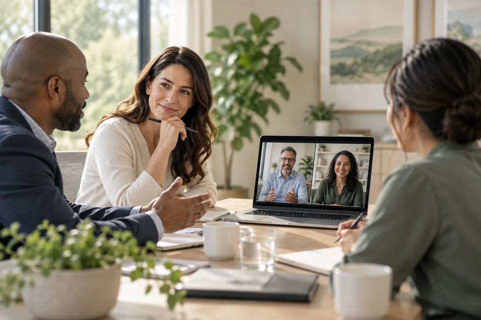 Two teams meeting around a table and on a video call in a modern office