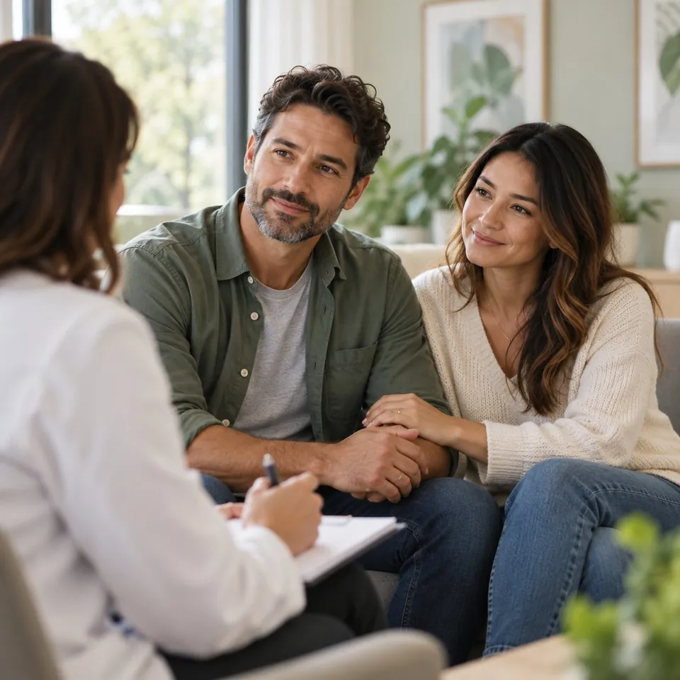 A couple holding hands while talking with a therapist