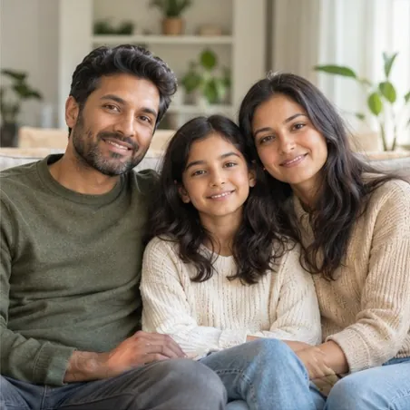 A smiling father, mother and daughter sitting close together on a sofa at home