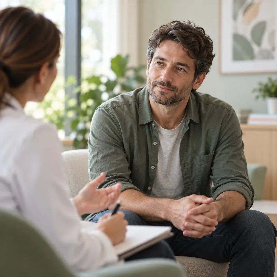 A man talking with a therapist in a calm, plant-filled room