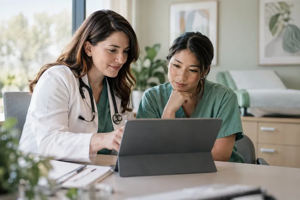 A physician and a nurse reviewing patient information on a tablet in a bright clinic office