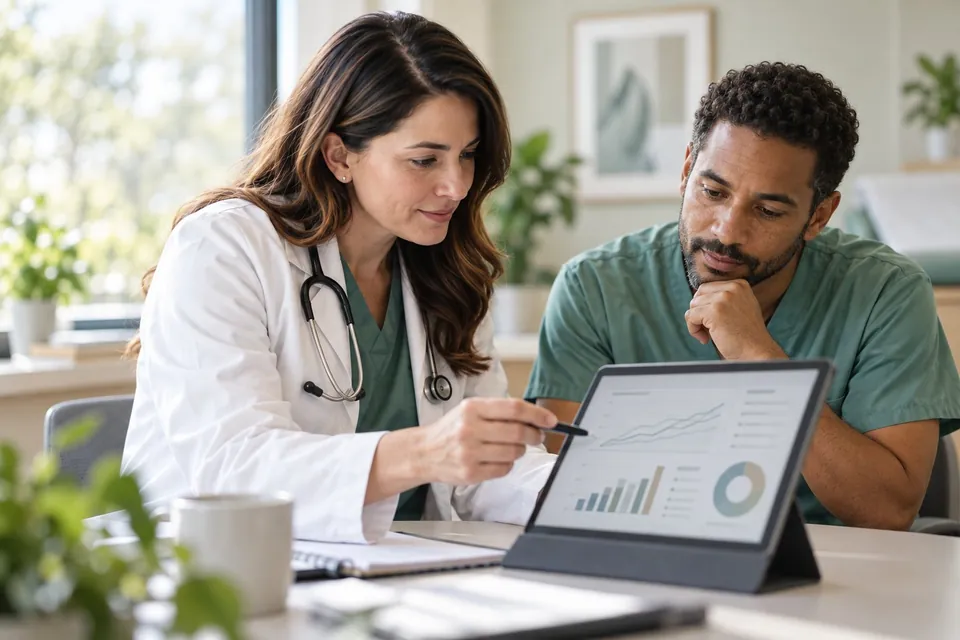 A clinician walking a colleague through outcome charts on a tablet